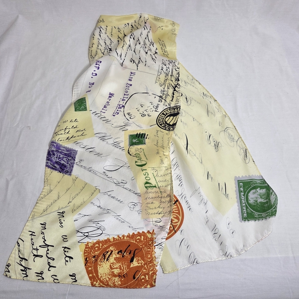 victorian trading co post cards 100% silk rectangular scarf yellow ivory long